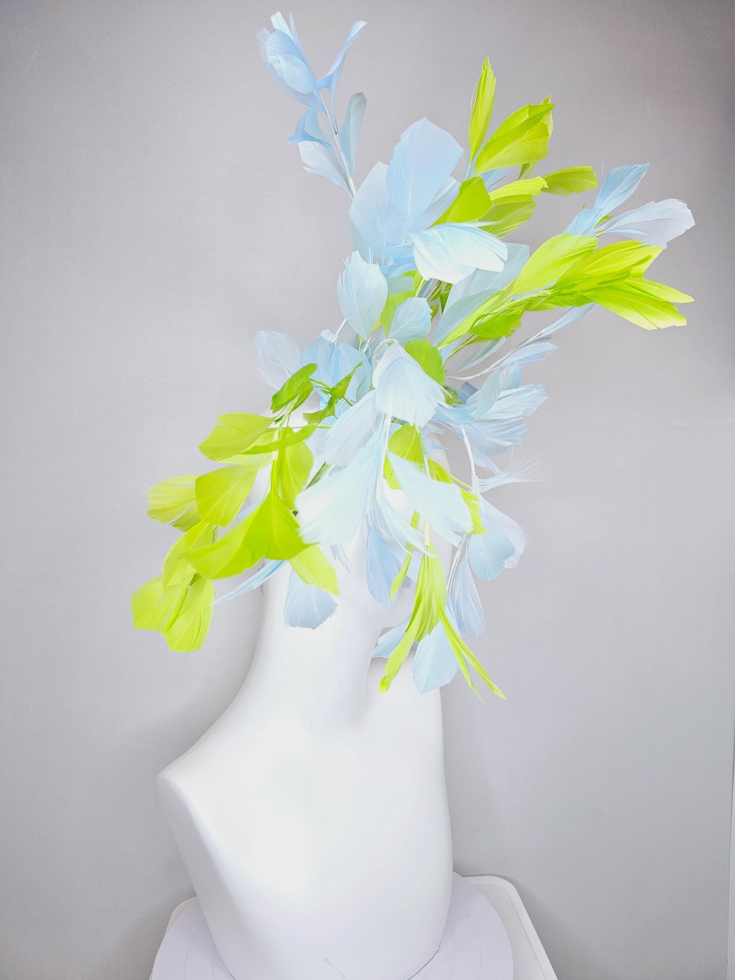 kentucky derby hat fascinator huge light baby blue and lime green yellow branching feathers