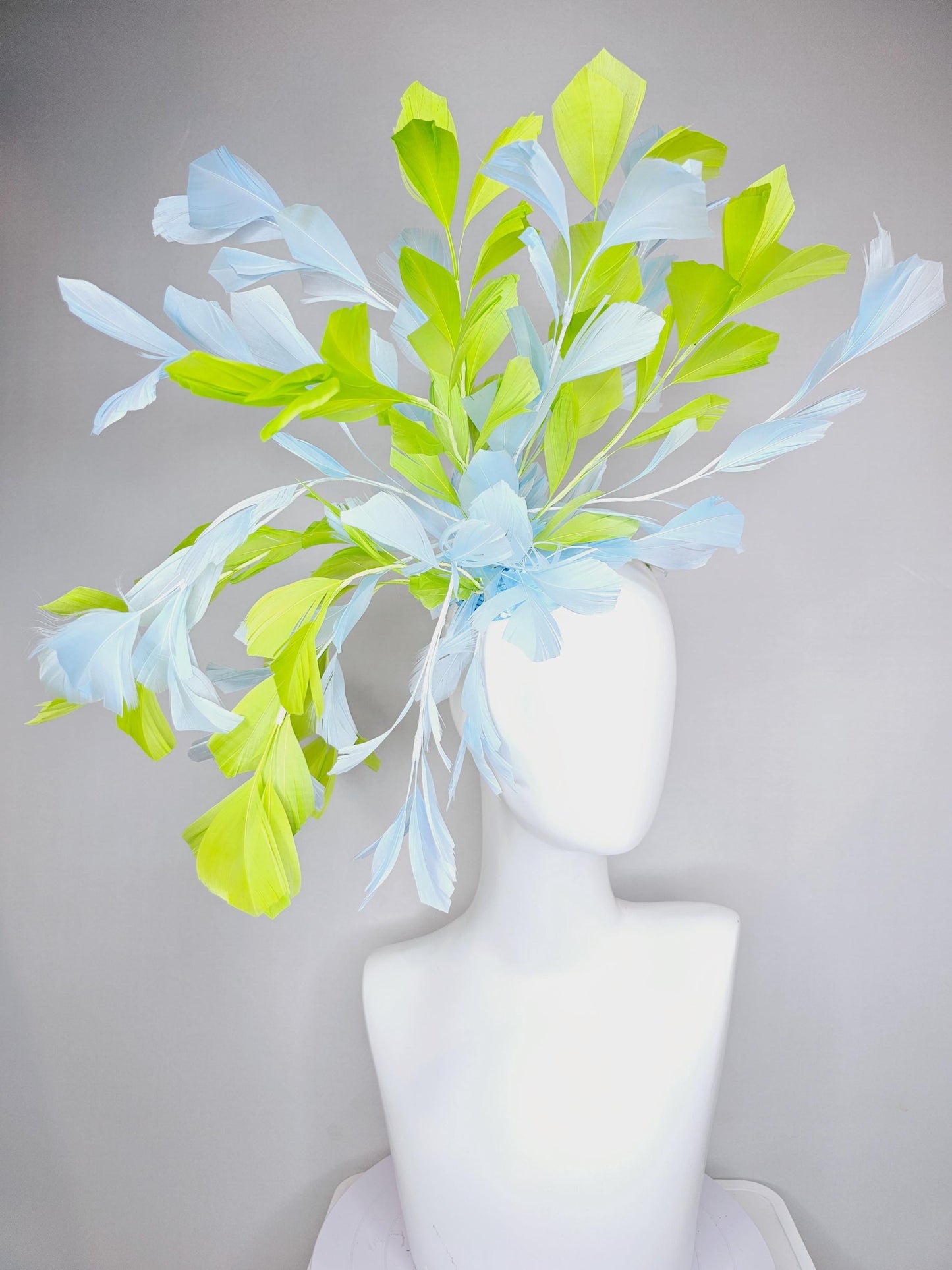 kentucky derby hat fascinator huge light baby blue and lime green yellow branching feathers