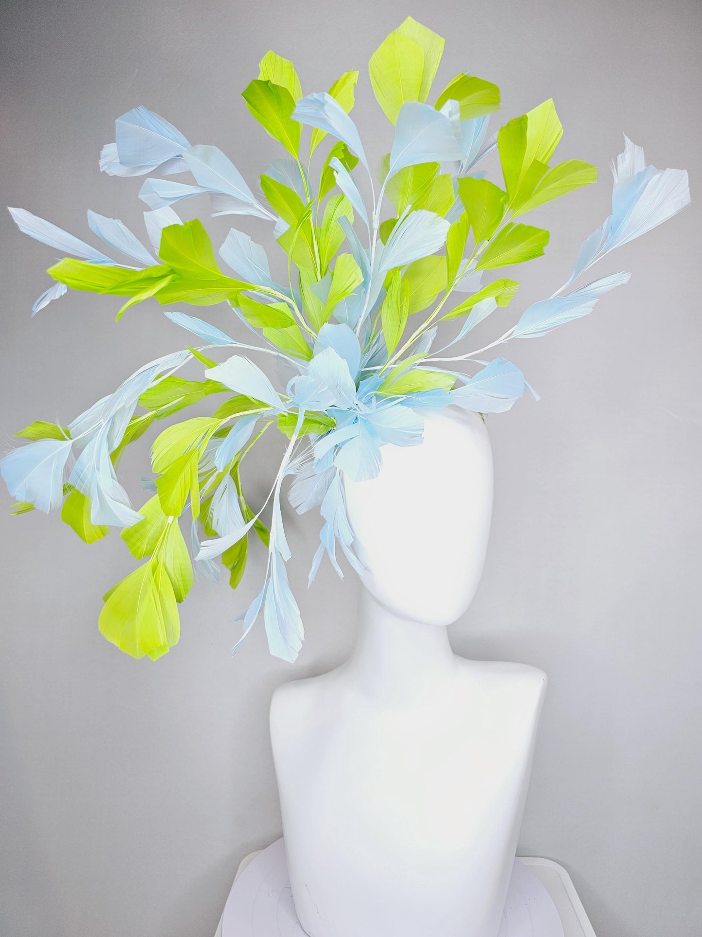 kentucky derby hat fascinator huge light baby blue and lime green yellow branching feathers