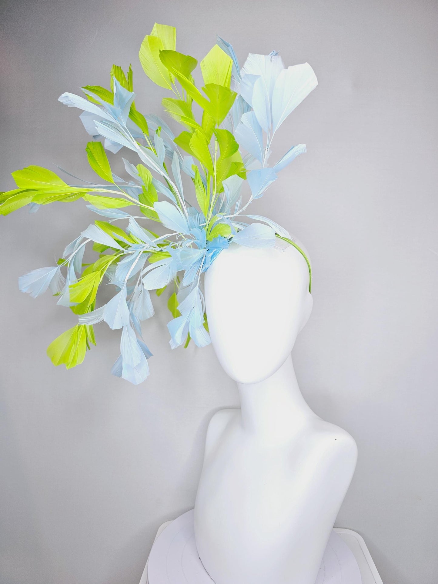 kentucky derby hat fascinator huge light baby blue and lime green yellow branching feathers