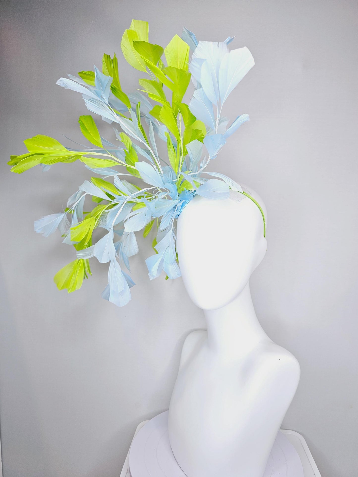 kentucky derby hat fascinator huge light baby blue and lime green yellow branching feathers