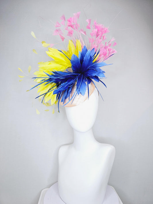 kentucky derby hat fascinator champagne satin with netting,cobalt royal blue and yellow feather flower, light blush pink branching feathers