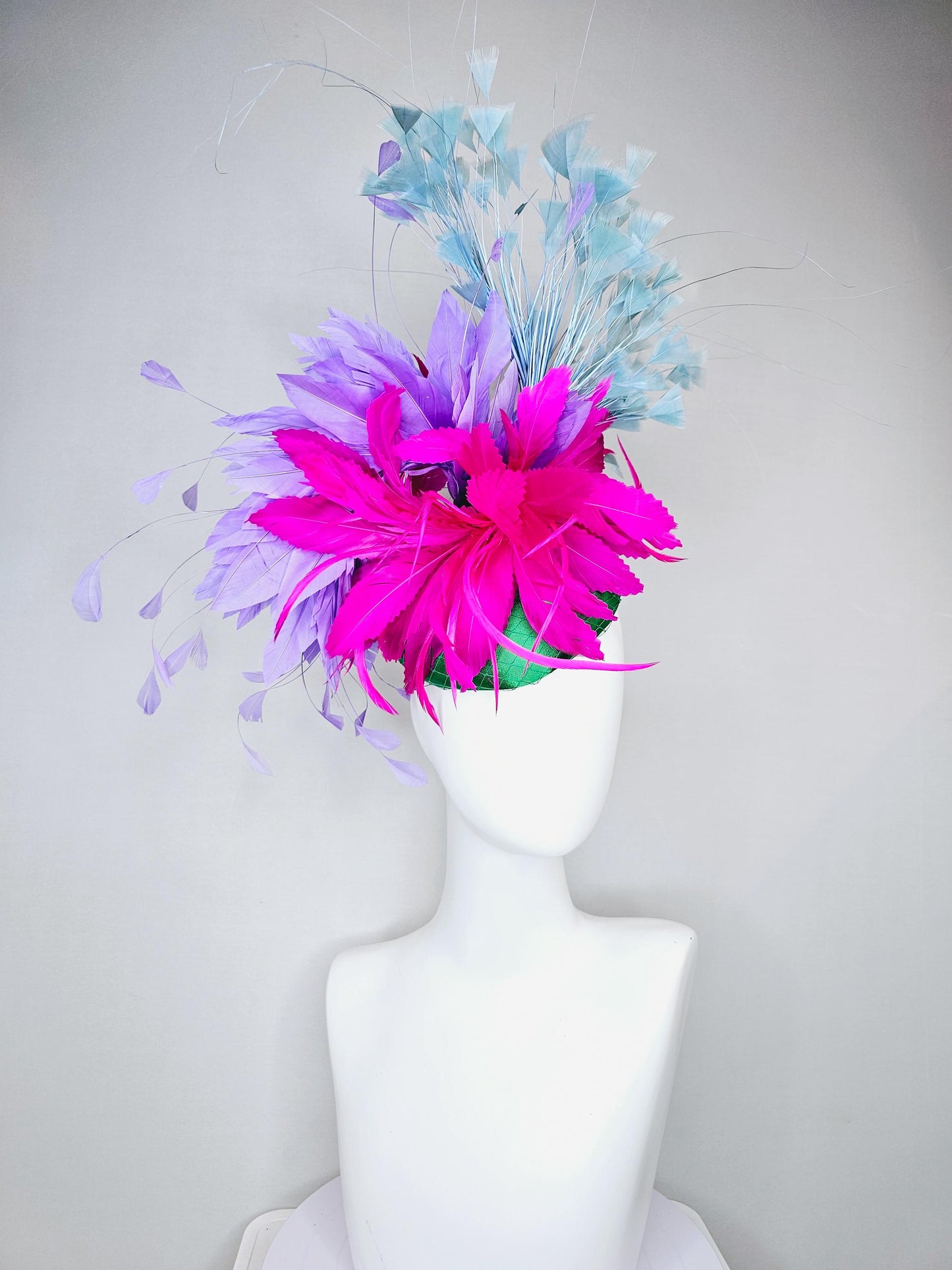 kentucky derby hat fascinator green satin with netting,fuchsia pink and purple lavender feather flower,light teal blue branching feathers