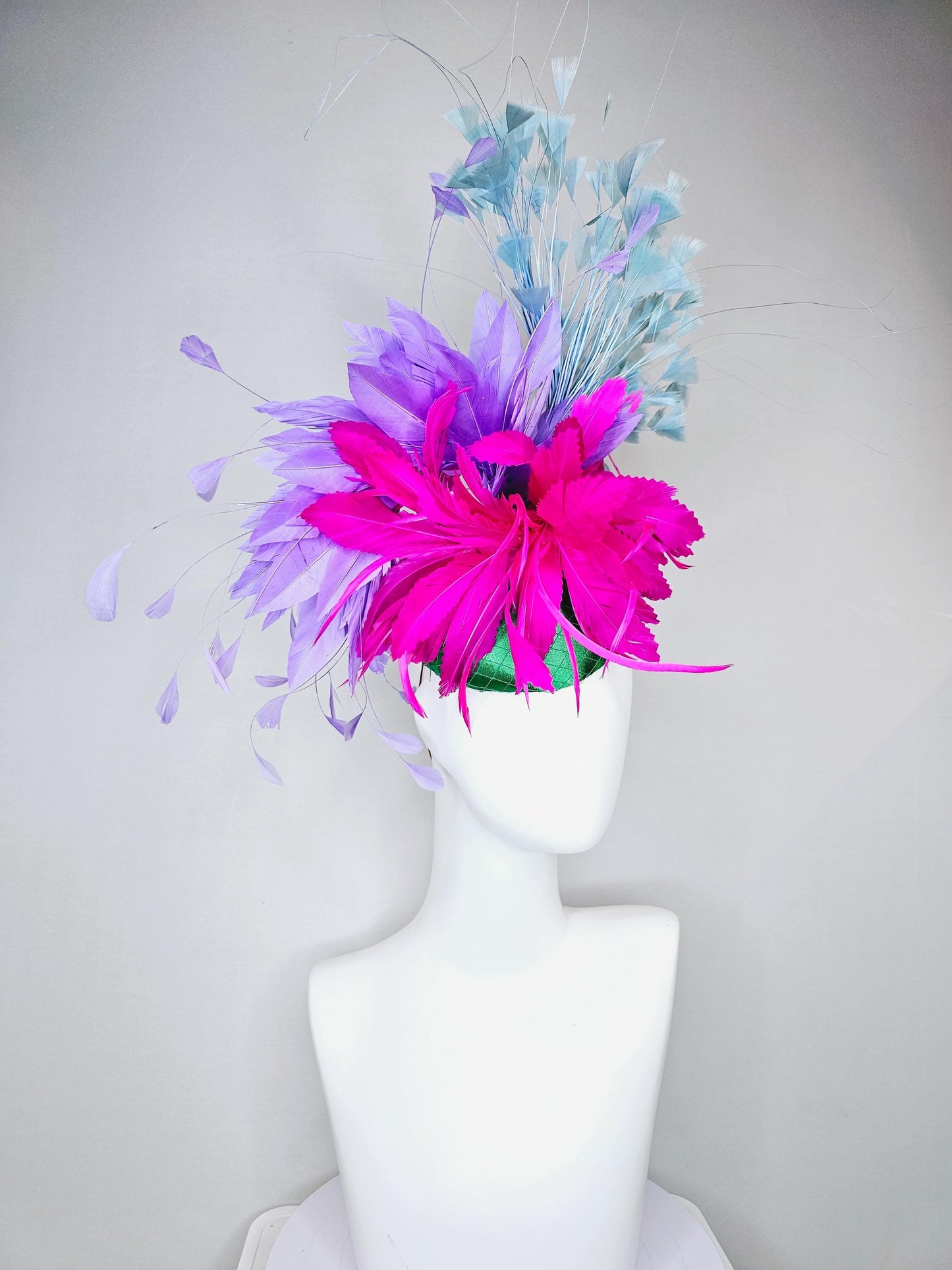 kentucky derby hat fascinator green satin with netting,fuchsia pink and purple lavender feather flower,light teal blue branching feathers