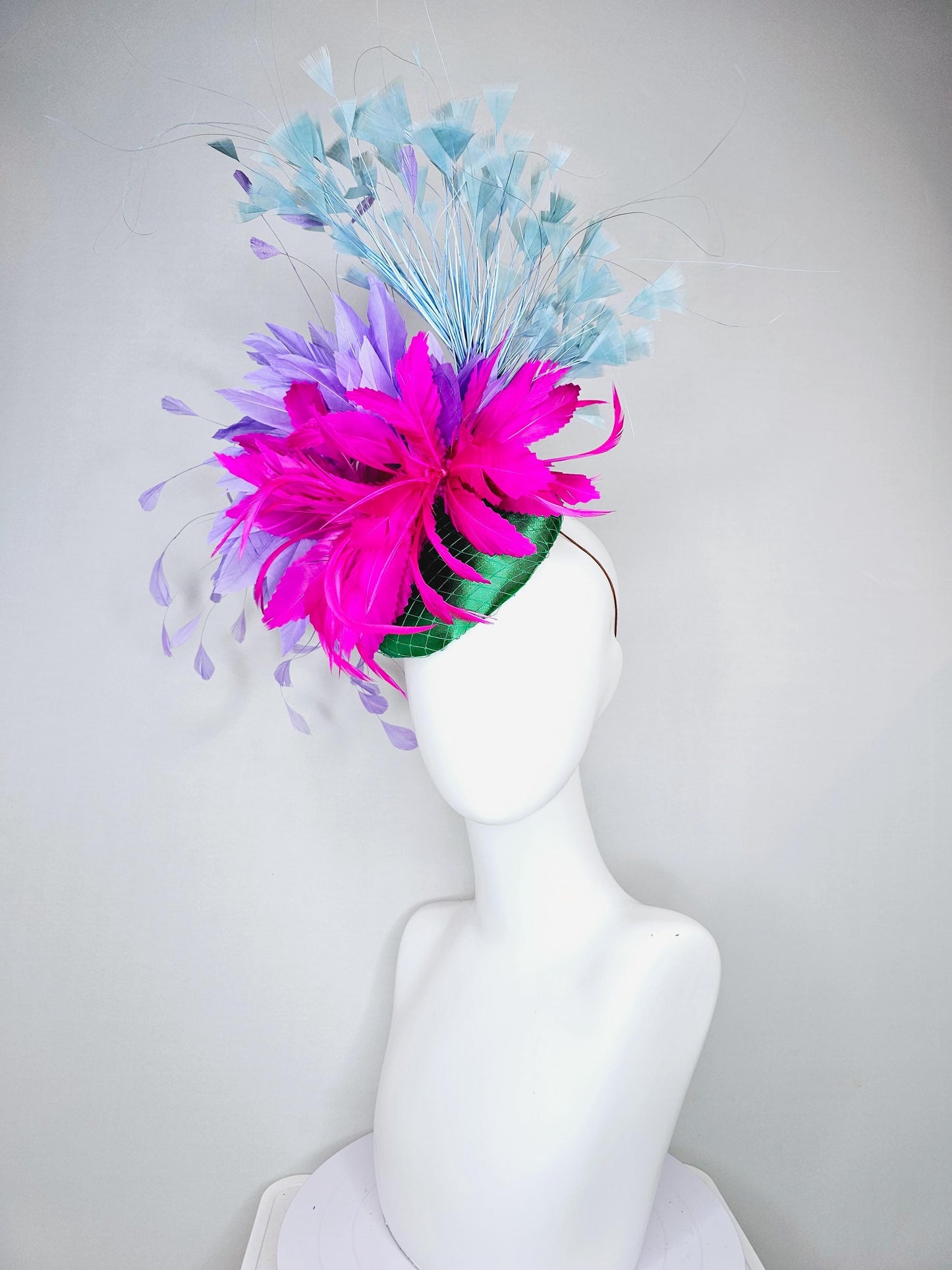 kentucky derby hat fascinator green satin with netting,fuchsia pink and purple lavender feather flower,light teal blue branching feathers