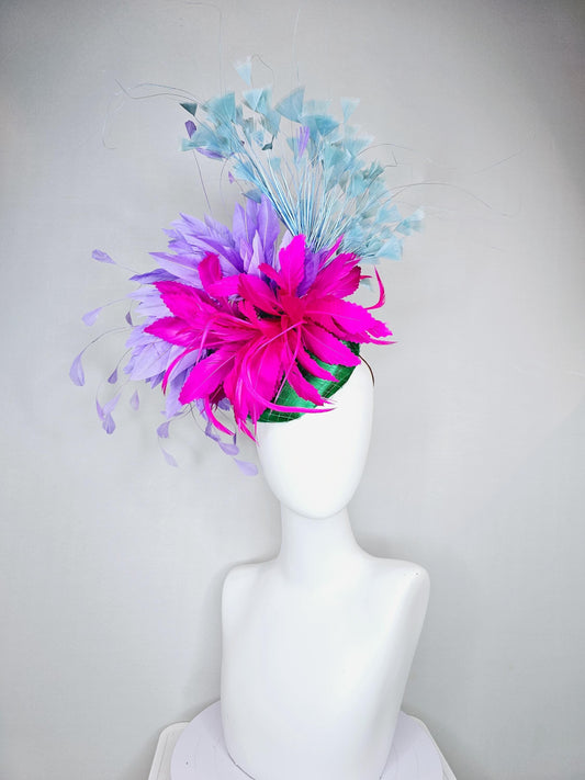 kentucky derby hat fascinator green satin with netting,fuchsia pink and purple lavender feather flower,light teal blue branching feathers