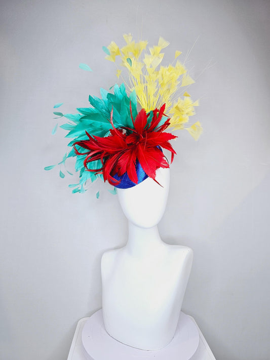 kentucky derby fascinator cobalt royal blue satin with netting,red and turquoise aqua blue feather flower,yellow branching feathers