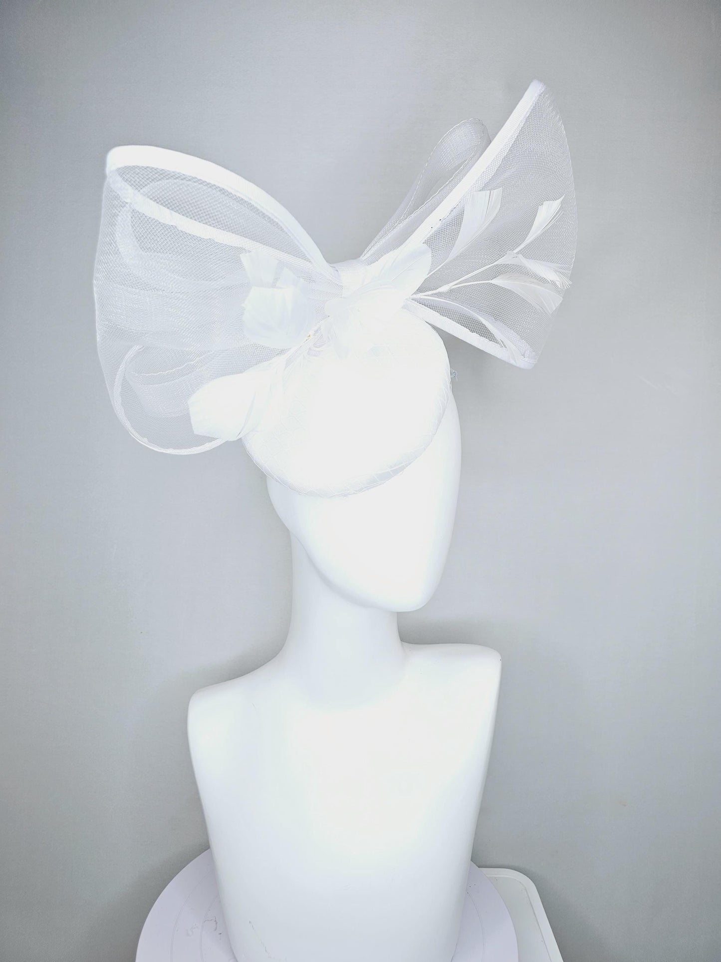 kentucky derby hat fascinator white satin with netting, branching white feathers and large mesh white bow