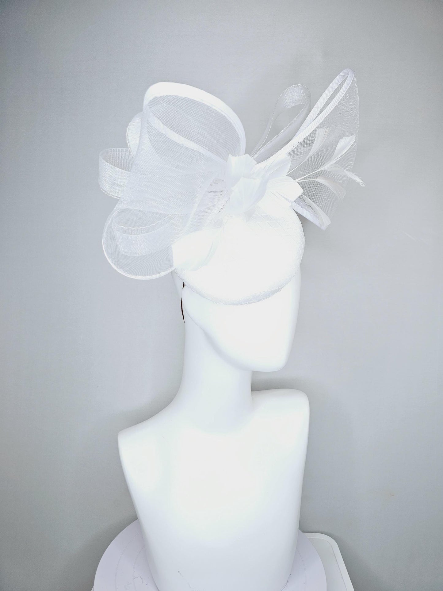 kentucky derby hat fascinator white satin with netting, branching white feathers and large mesh white bow