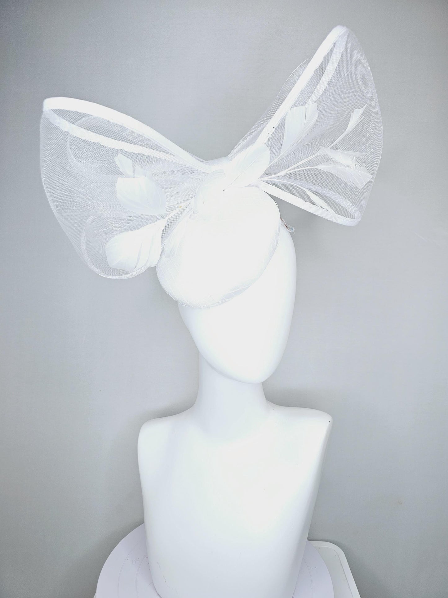 kentucky derby hat fascinator white satin with netting, branching white feathers and large mesh white bow