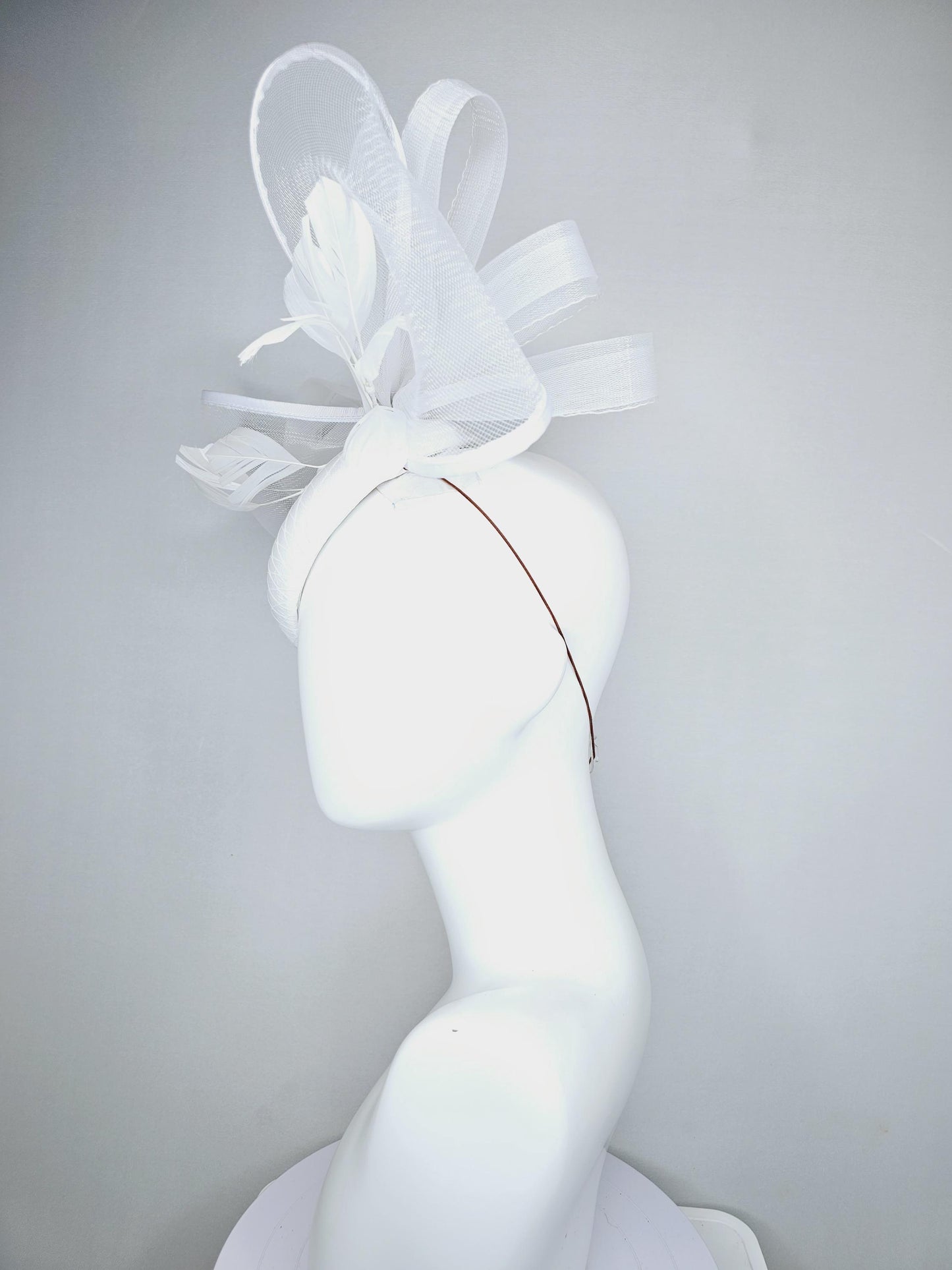 kentucky derby hat fascinator white satin with netting, branching white feathers and large mesh white bow