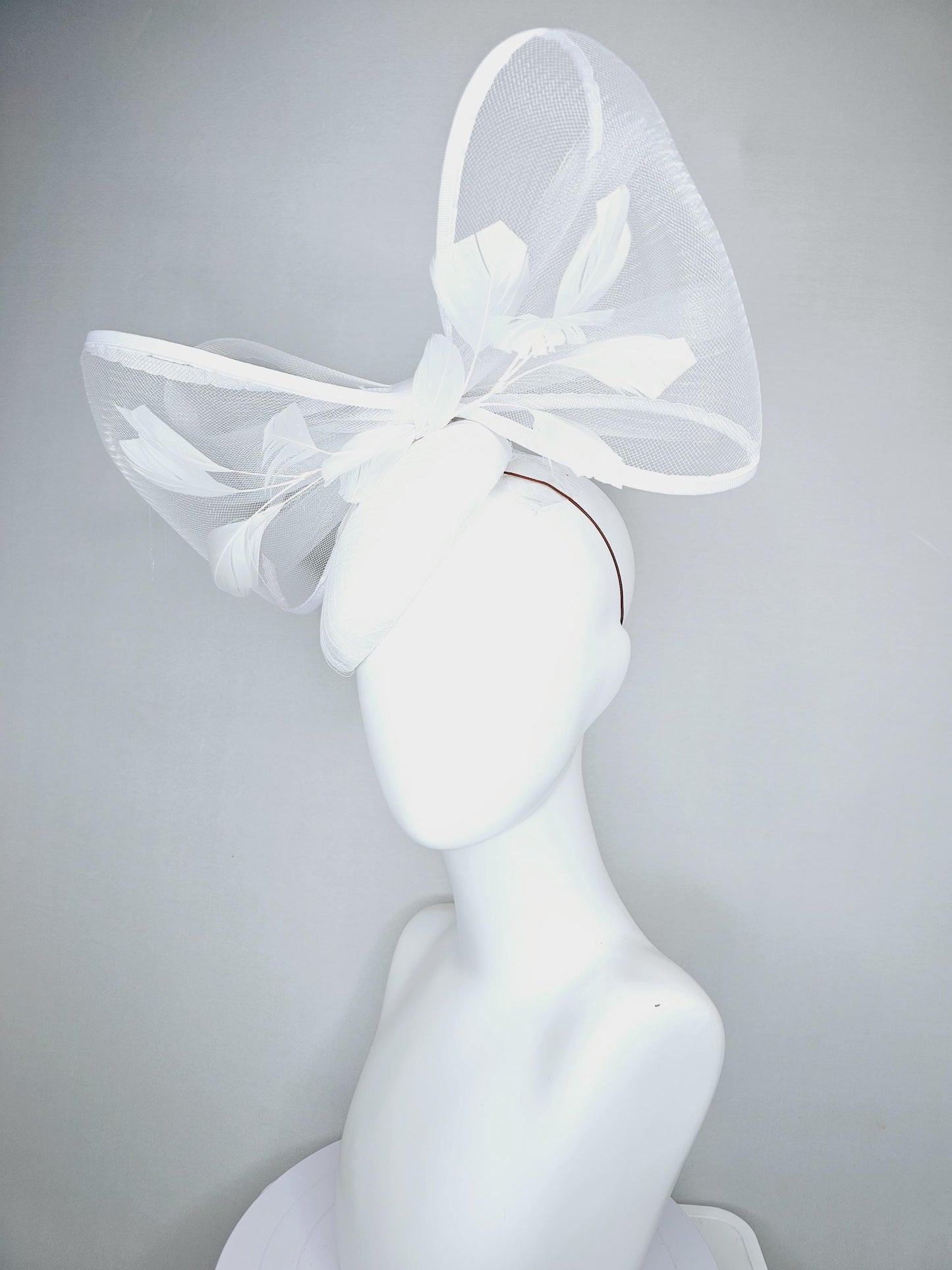 kentucky derby hat fascinator white satin with netting, branching white feathers and large mesh white bow