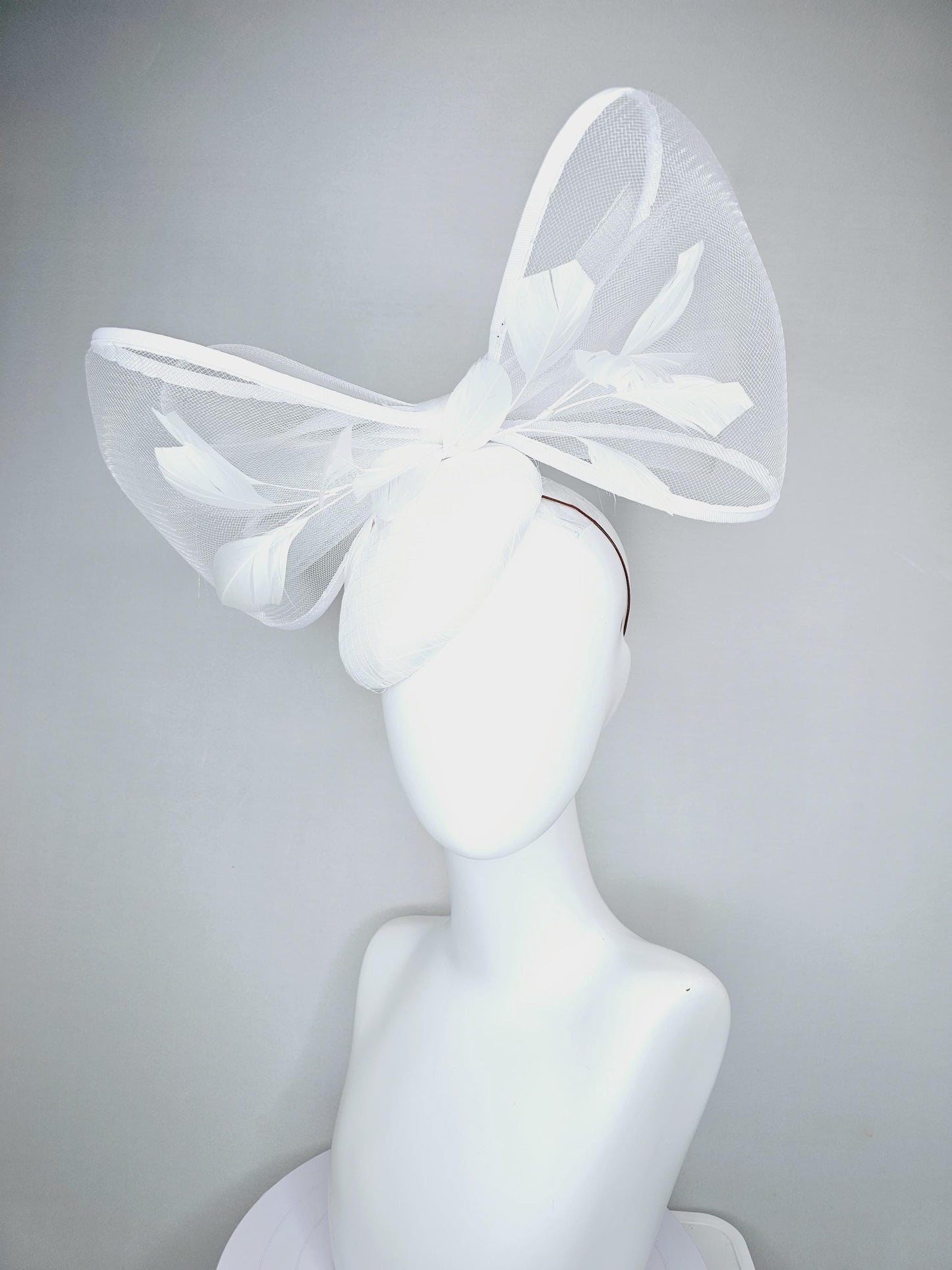 kentucky derby hat fascinator white satin with netting, branching white feathers and large mesh white bow