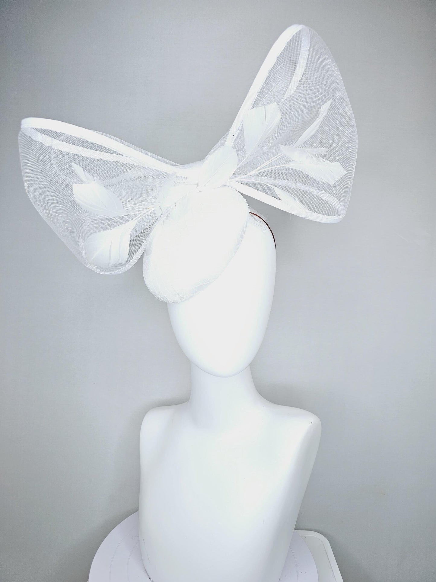 kentucky derby hat fascinator white satin with netting, branching white feathers and large mesh white bow