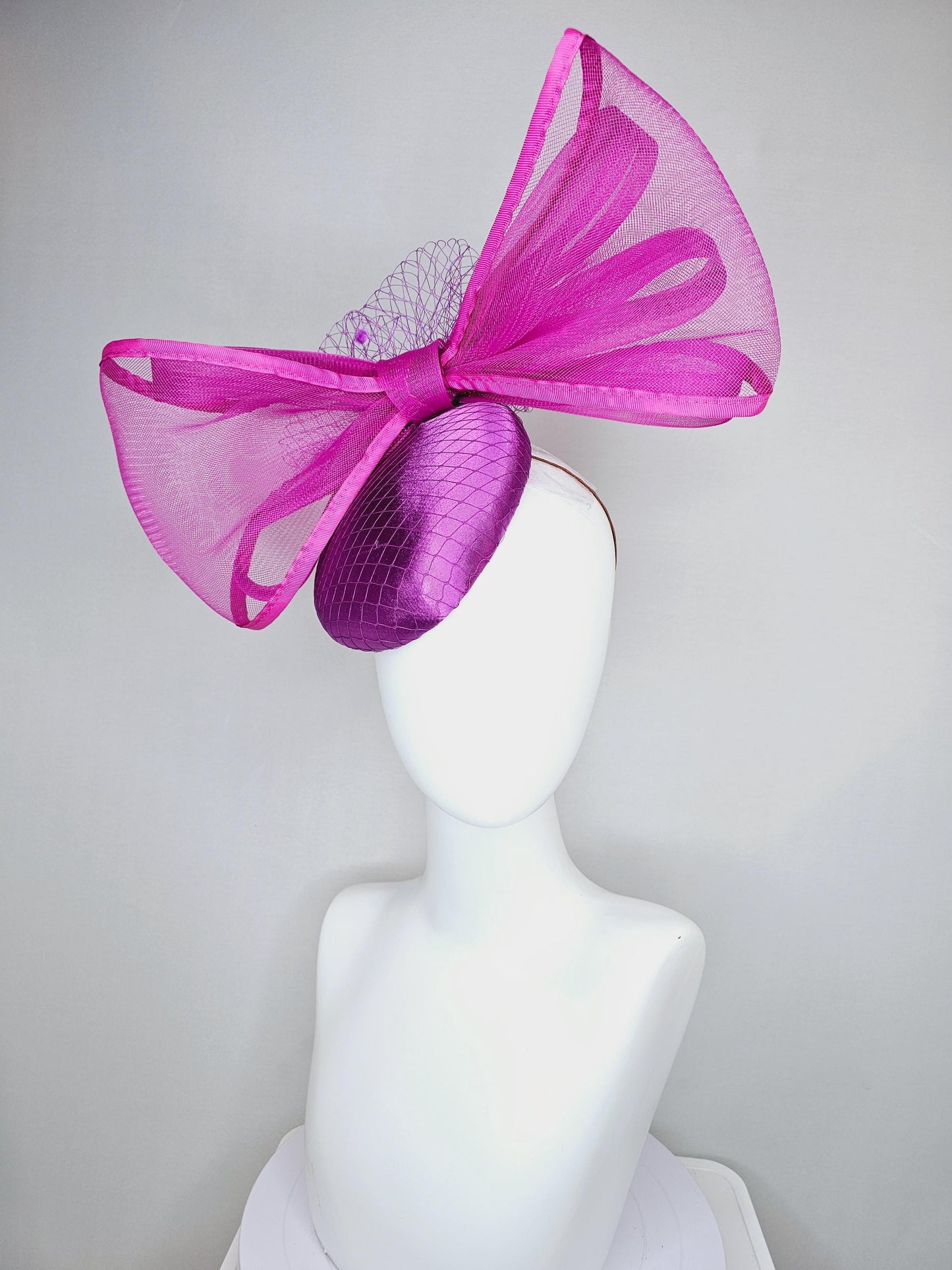 kentucky derby hat fascinator violet purple satin with netting and large mesh magenta purple pink bow