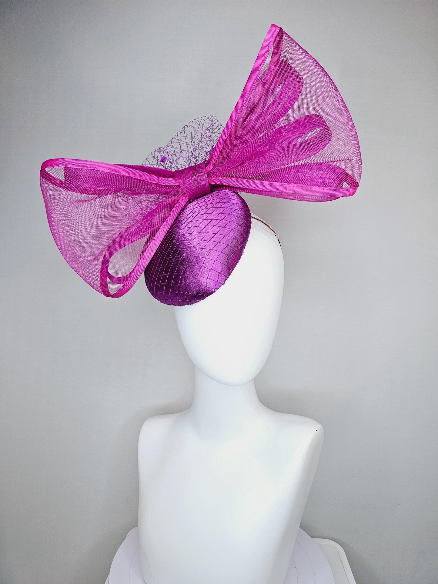 kentucky derby hat fascinator violet purple satin with netting and large mesh magenta purple pink bow