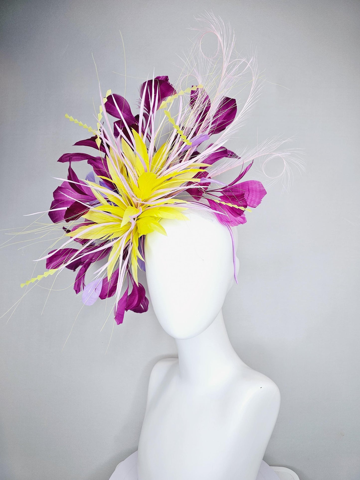 kentucky derby hat fascinator yellow magenta lavender purple branching feathers with light lavender feather curls and yellow zigzag feathers