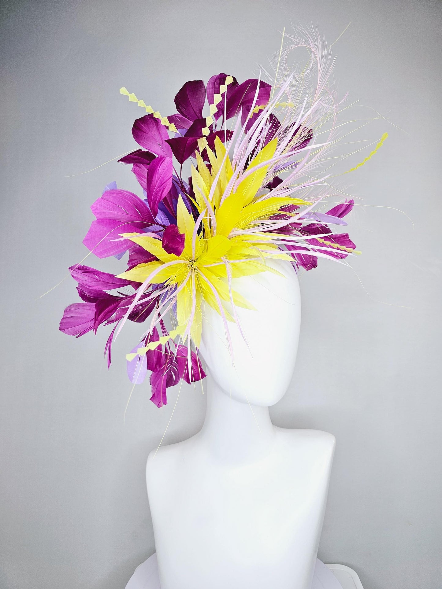 kentucky derby hat fascinator yellow magenta lavender purple branching feathers with light lavender feather curls and yellow zigzag feathers