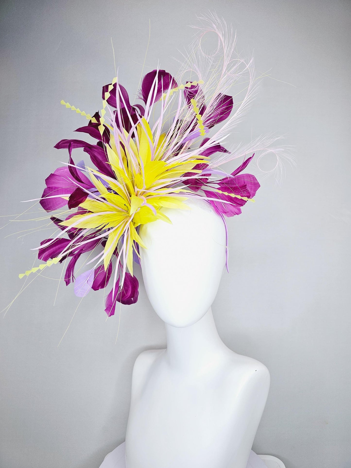 kentucky derby hat fascinator yellow magenta lavender purple branching feathers with light lavender feather curls and yellow zigzag feathers