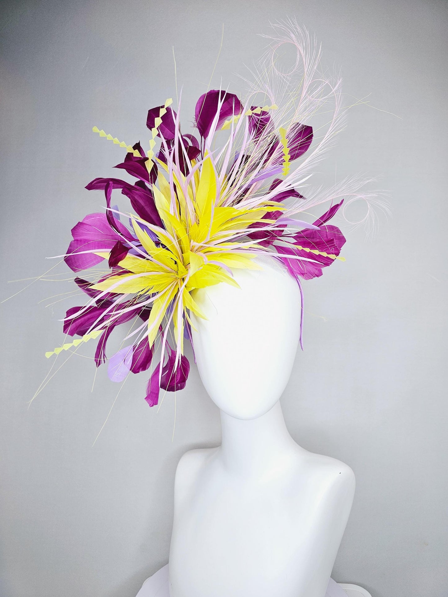 kentucky derby hat fascinator yellow magenta lavender purple branching feathers with light lavender feather curls and yellow zigzag feathers