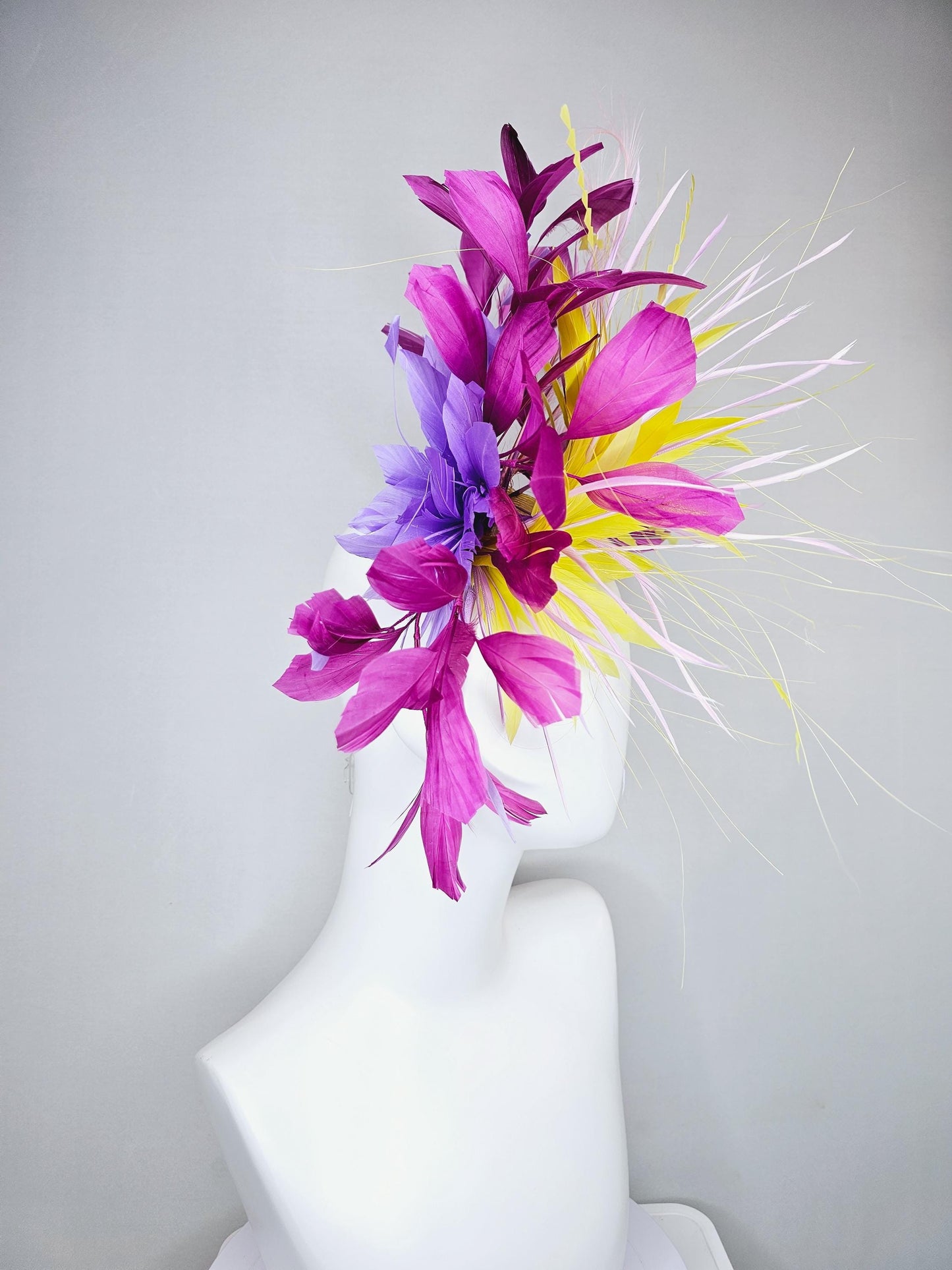 kentucky derby hat fascinator yellow magenta lavender purple branching feathers with light lavender feather curls and yellow zigzag feathers