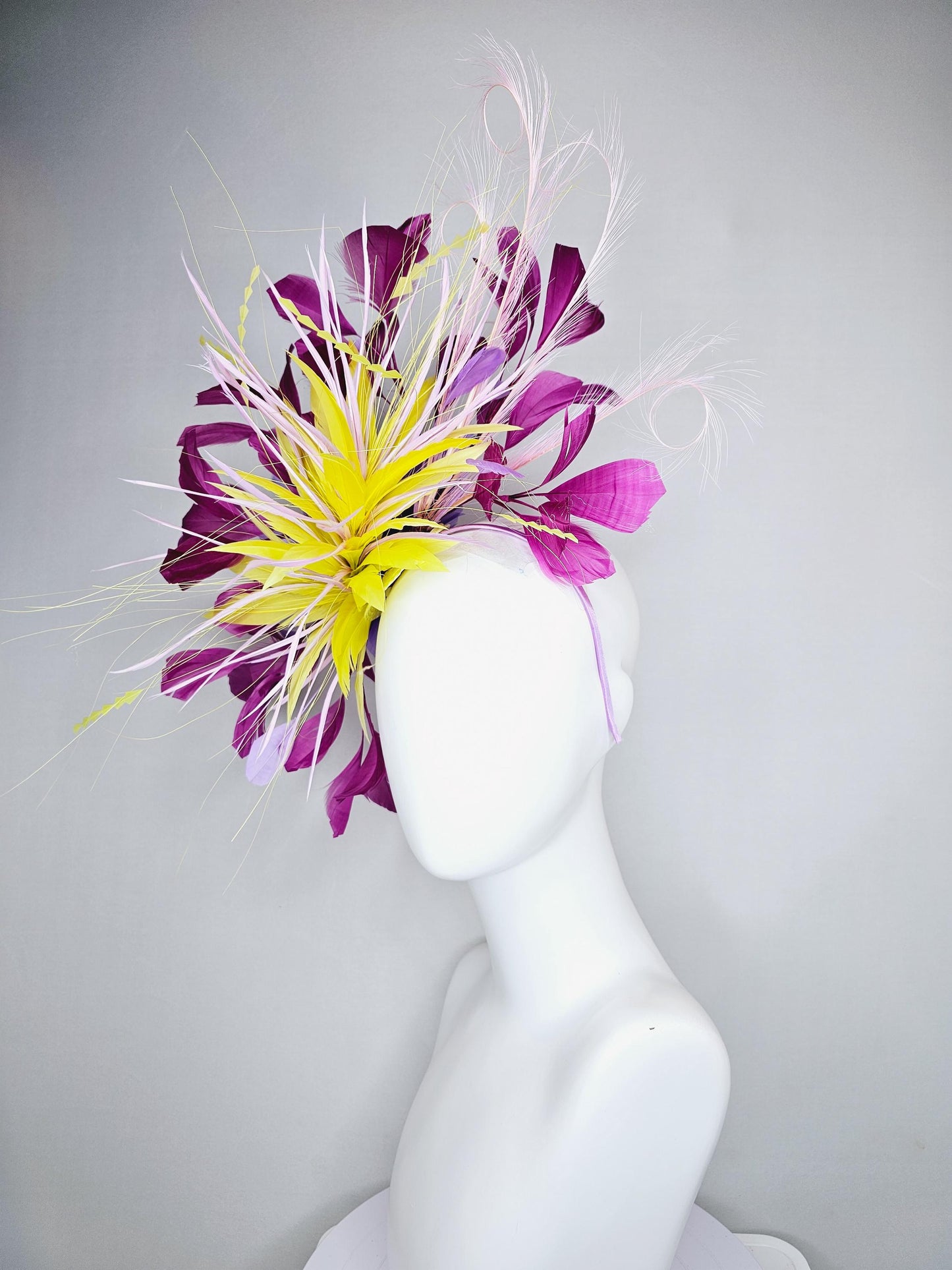 kentucky derby hat fascinator yellow magenta lavender purple branching feathers with light lavender feather curls and yellow zigzag feathers