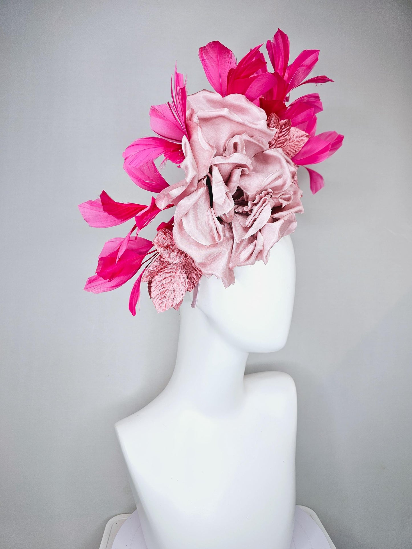 kentucky derby hat fascinator light dusty pink rose satin silk flower, blush pink satin leaves, hot pink branching feathers, thin headband