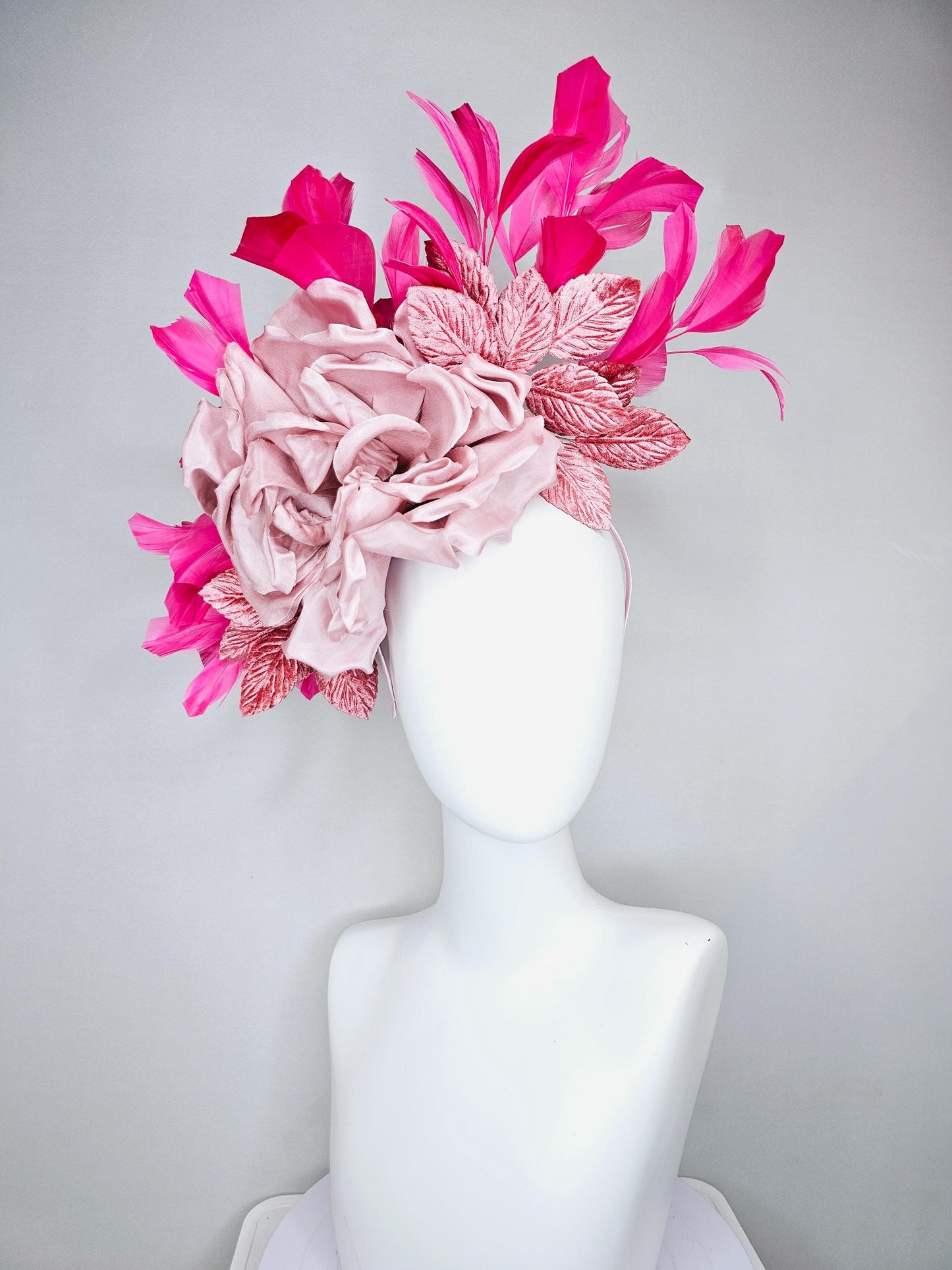 kentucky derby hat fascinator light dusty pink rose satin silk flower, blush pink satin leaves, hot pink branching feathers, thin headband