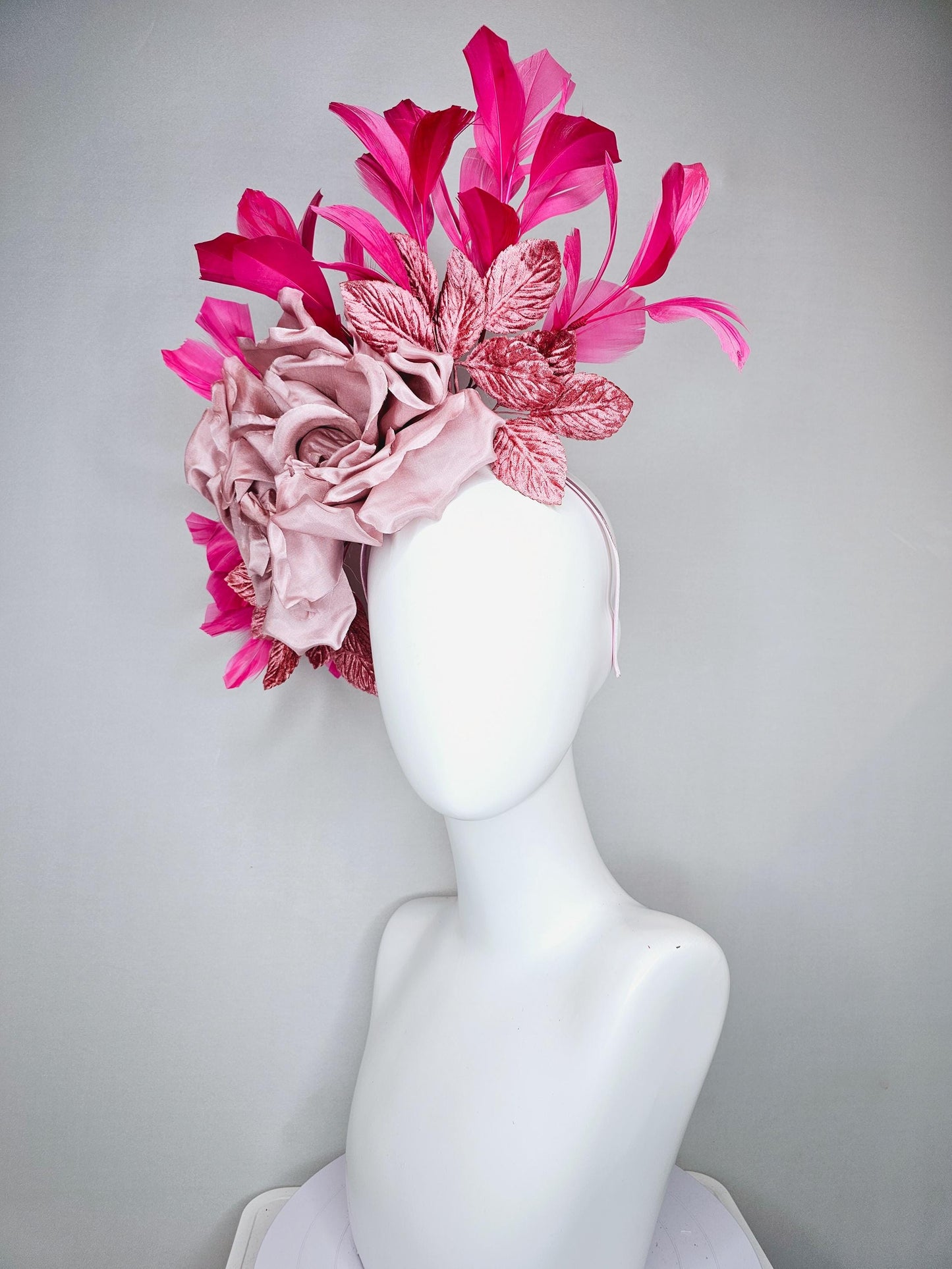 kentucky derby hat fascinator light dusty pink rose satin silk flower, blush pink satin leaves, hot pink branching feathers, thin headband