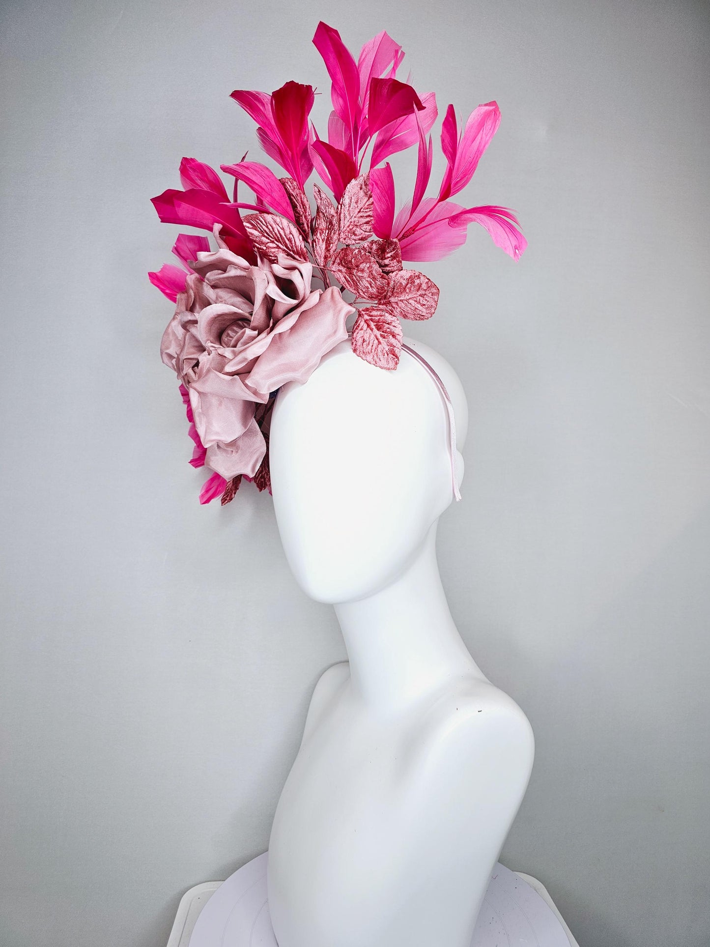 kentucky derby hat fascinator light dusty pink rose satin silk flower, blush pink satin leaves, hot pink branching feathers, thin headband