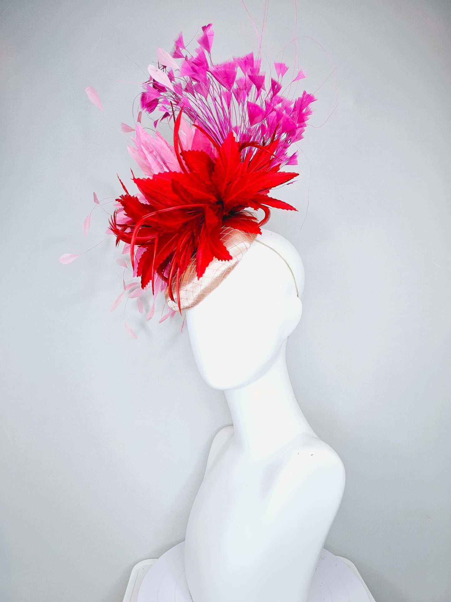 kentucky derby hat fascinator champagne satin with netting, red and light blush pink rose feather flower, pink branching feathers