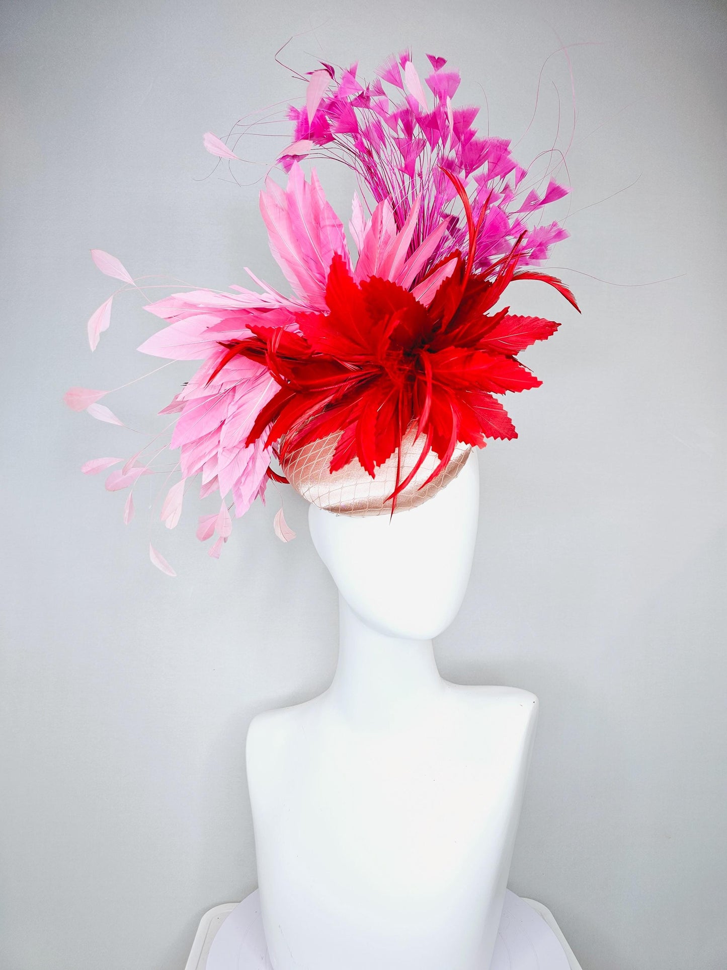 kentucky derby hat fascinator champagne satin with netting, red and light blush pink rose feather flower, pink branching feathers