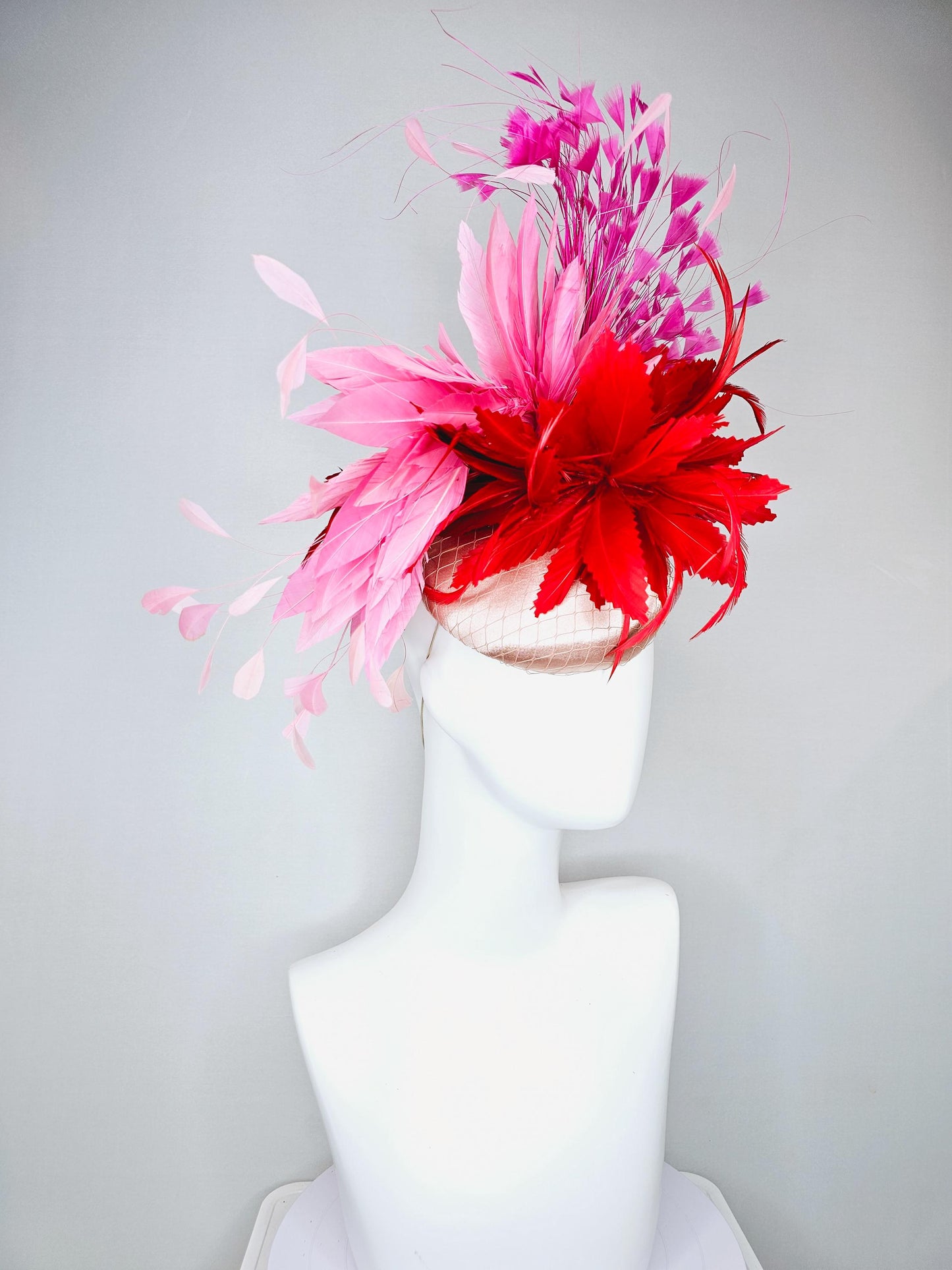 kentucky derby hat fascinator champagne satin with netting, red and light blush pink rose feather flower, pink branching feathers