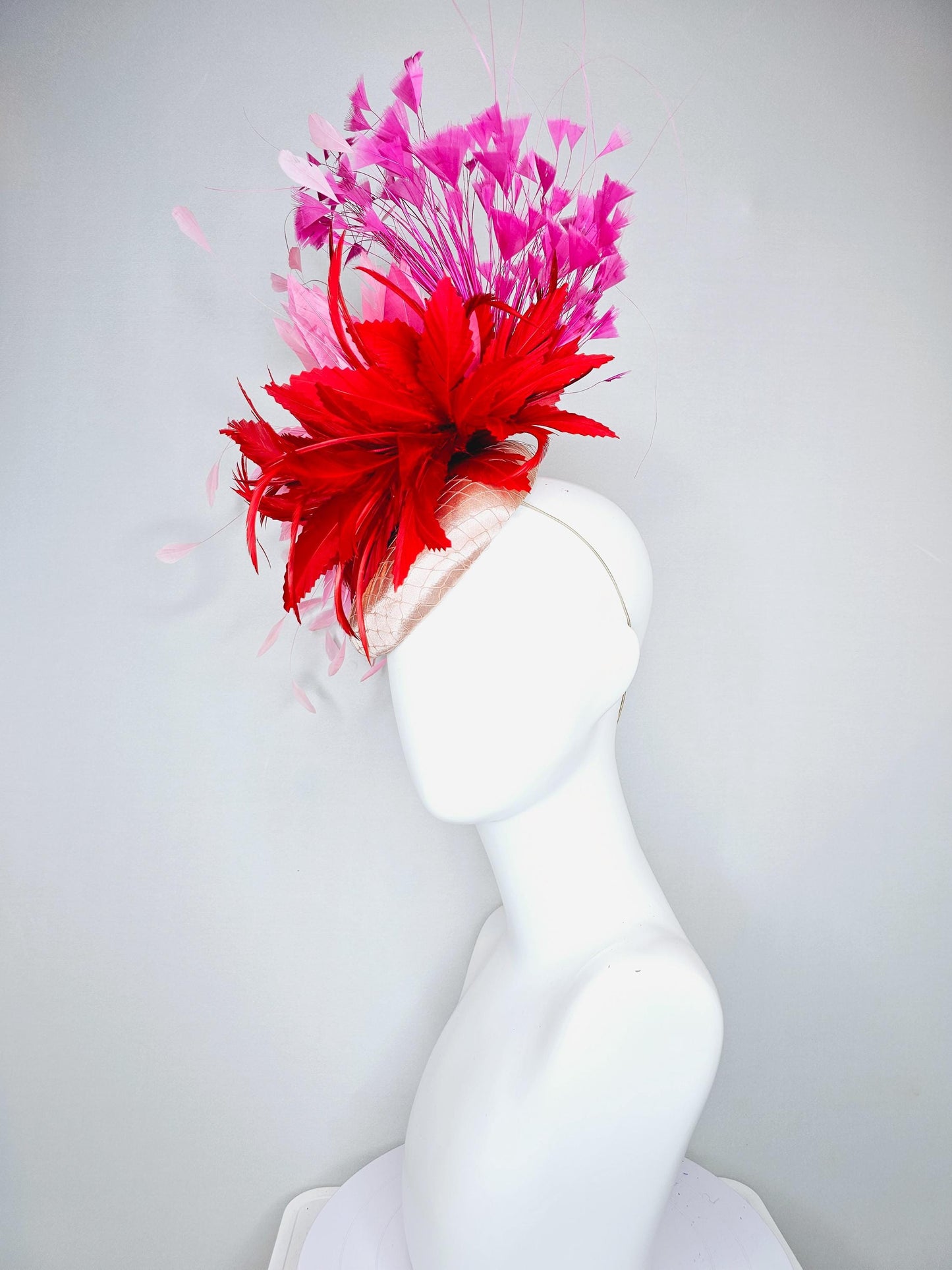 kentucky derby hat fascinator champagne satin with netting, red and light blush pink rose feather flower, pink branching feathers