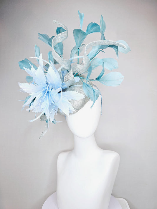 kentucky derby hat fascinator light blue sinamay with light blue zigzag feather flower,light blue sinamay curls,teal blue branching feathers