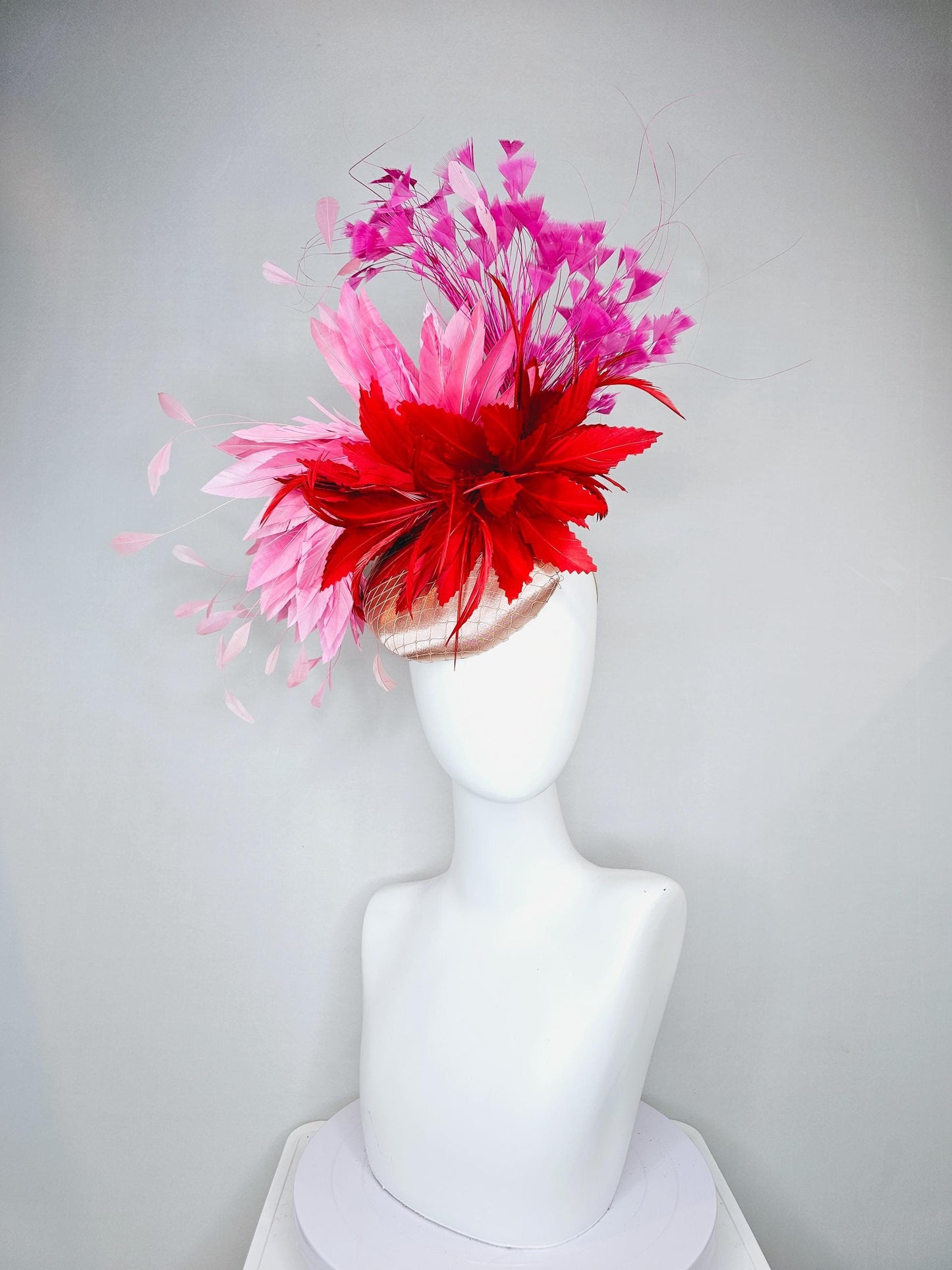 kentucky derby hat fascinator champagne satin with netting, red and light blush pink rose feather flower, pink branching feathers