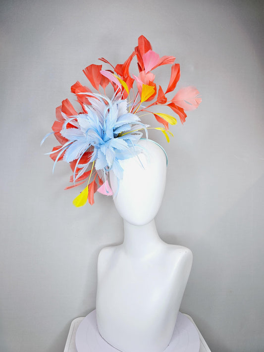 kentucky derby hat fascinator baby blue feather flower, orange coral yellow branching feathers and thin headband