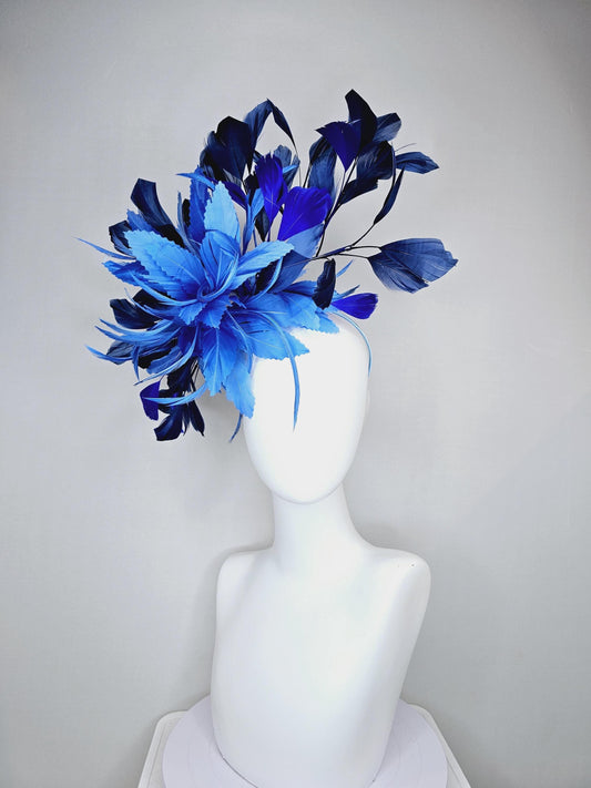 kentucky derby hat fascinator cobalt royal blue feather flowers, navy blue branching feathers and thin headband