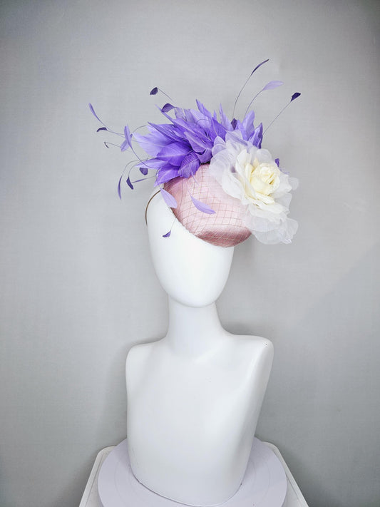 kentucky derby hat fascinator blush pink satin with netting, large ivory white organza satin rose flower, purple lavender branching feather