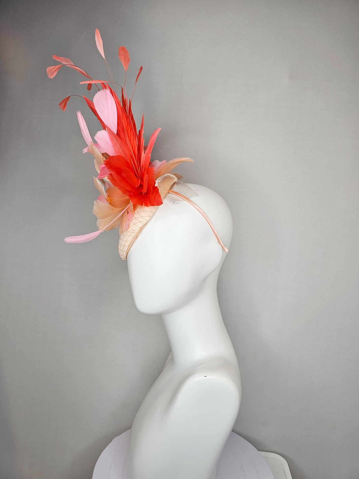 kentucky derby hat fascinator neutral beige satin with netting, fluffy neutral beige, light pink, coral orange branching feathers