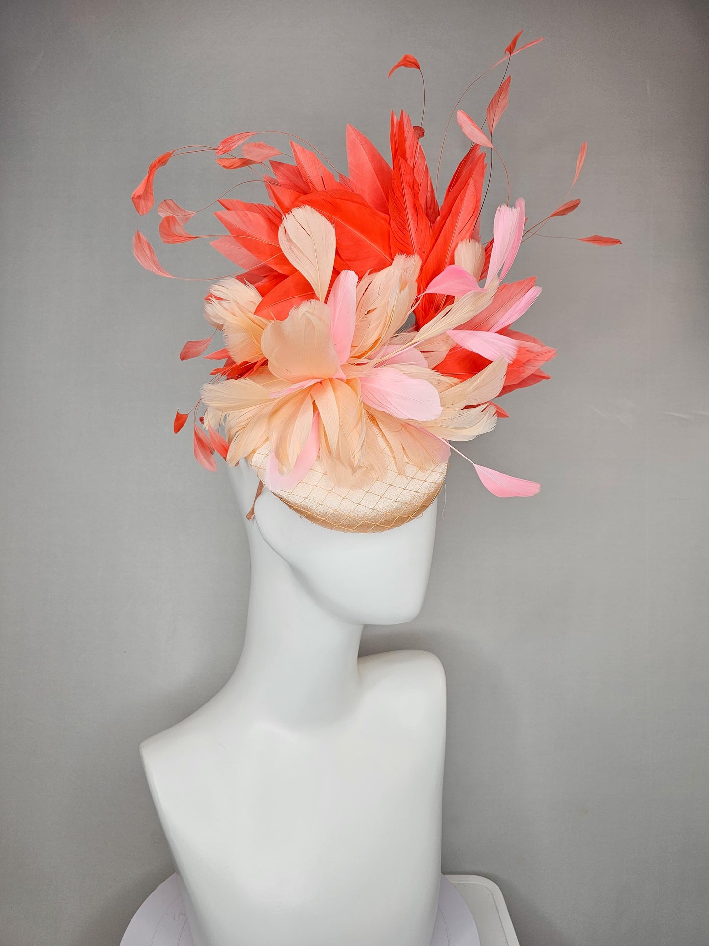 kentucky derby hat fascinator neutral beige satin with netting, fluffy neutral beige, light pink, coral orange branching feathers