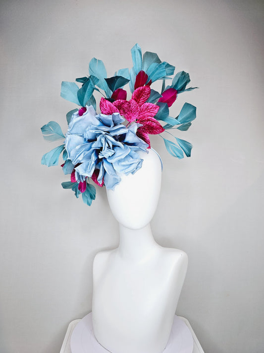 kentucky derby hat fascinator baby blue satin silk flower with fuchsia pink satin leaves and teal blue branching feathers, thin headband