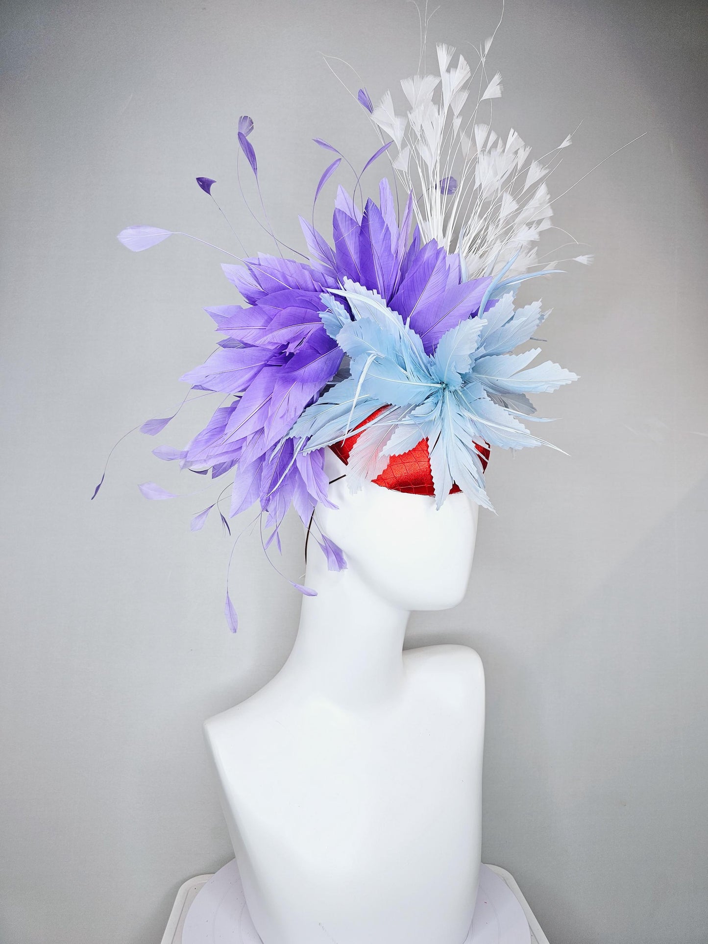 kentucky derby hat fascinator red satin with netting, light teal baby blue and purple lavender feather flower, white branching feathers