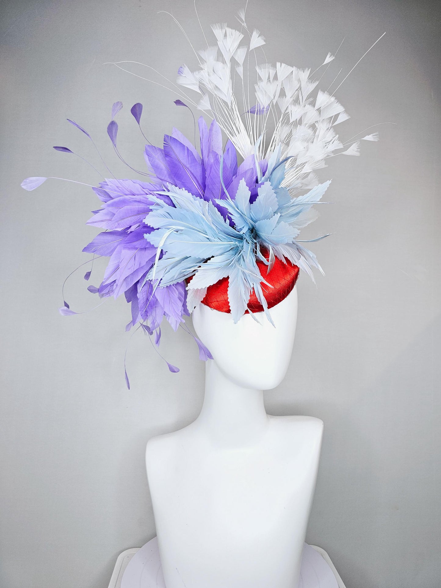 kentucky derby hat fascinator red satin with netting, light teal baby blue and purple lavender feather flower, white branching feathers