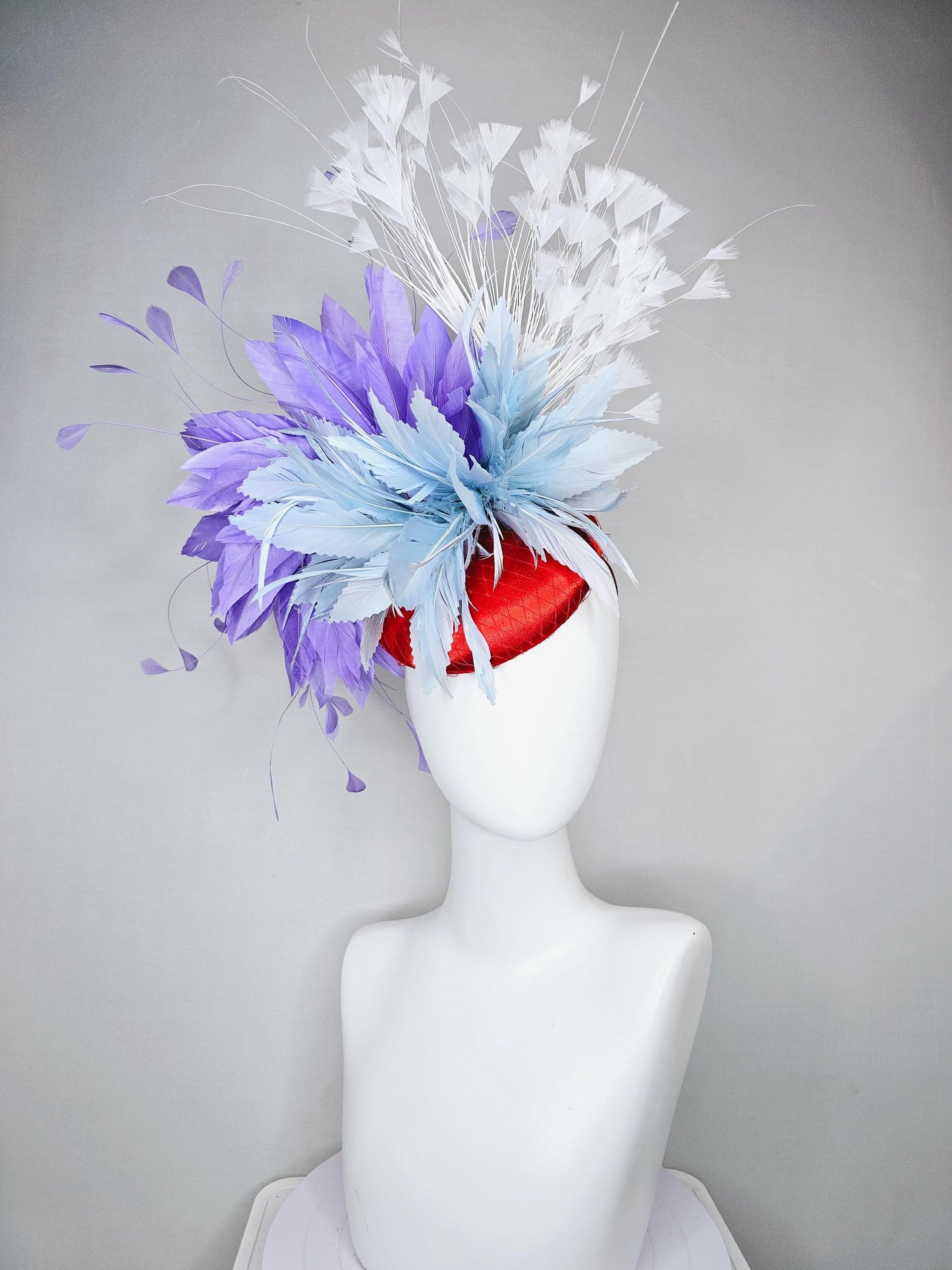 kentucky derby hat fascinator red satin with netting, light teal baby blue and purple lavender feather flower, white branching feathers