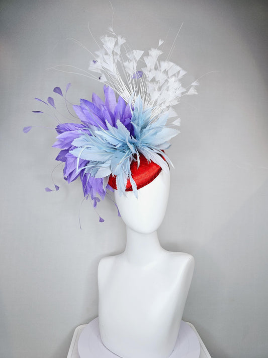 kentucky derby hat fascinator red satin with netting, light teal baby blue and purple lavender feather flower, white branching feathers