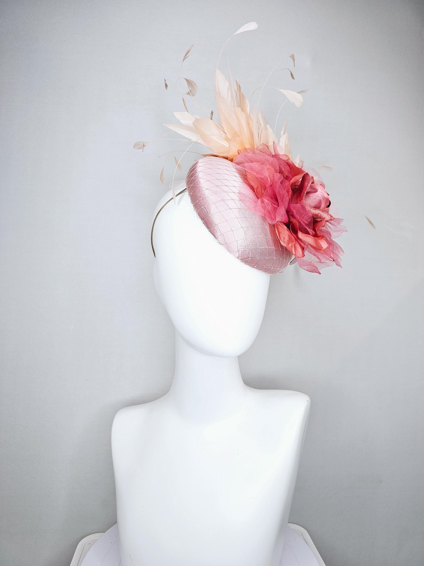 kentucky derby hat fascinator dusty rose satin with netting, large rose gold pink peach organza satin rose flower, ivory branching feathers