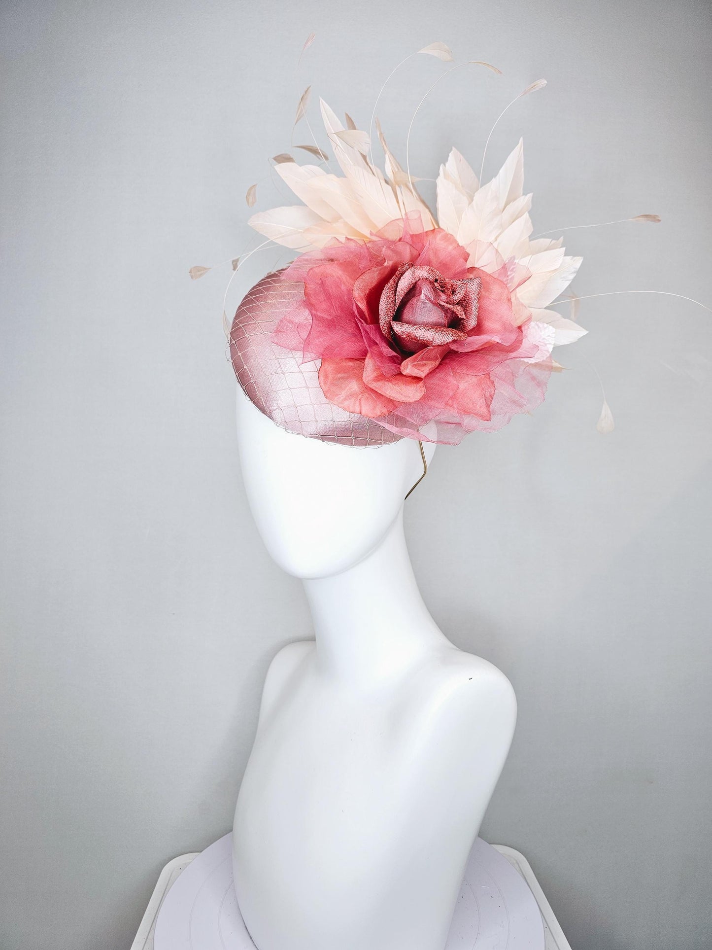 kentucky derby hat fascinator dusty rose satin with netting, large rose gold pink peach organza satin rose flower, ivory branching feathers