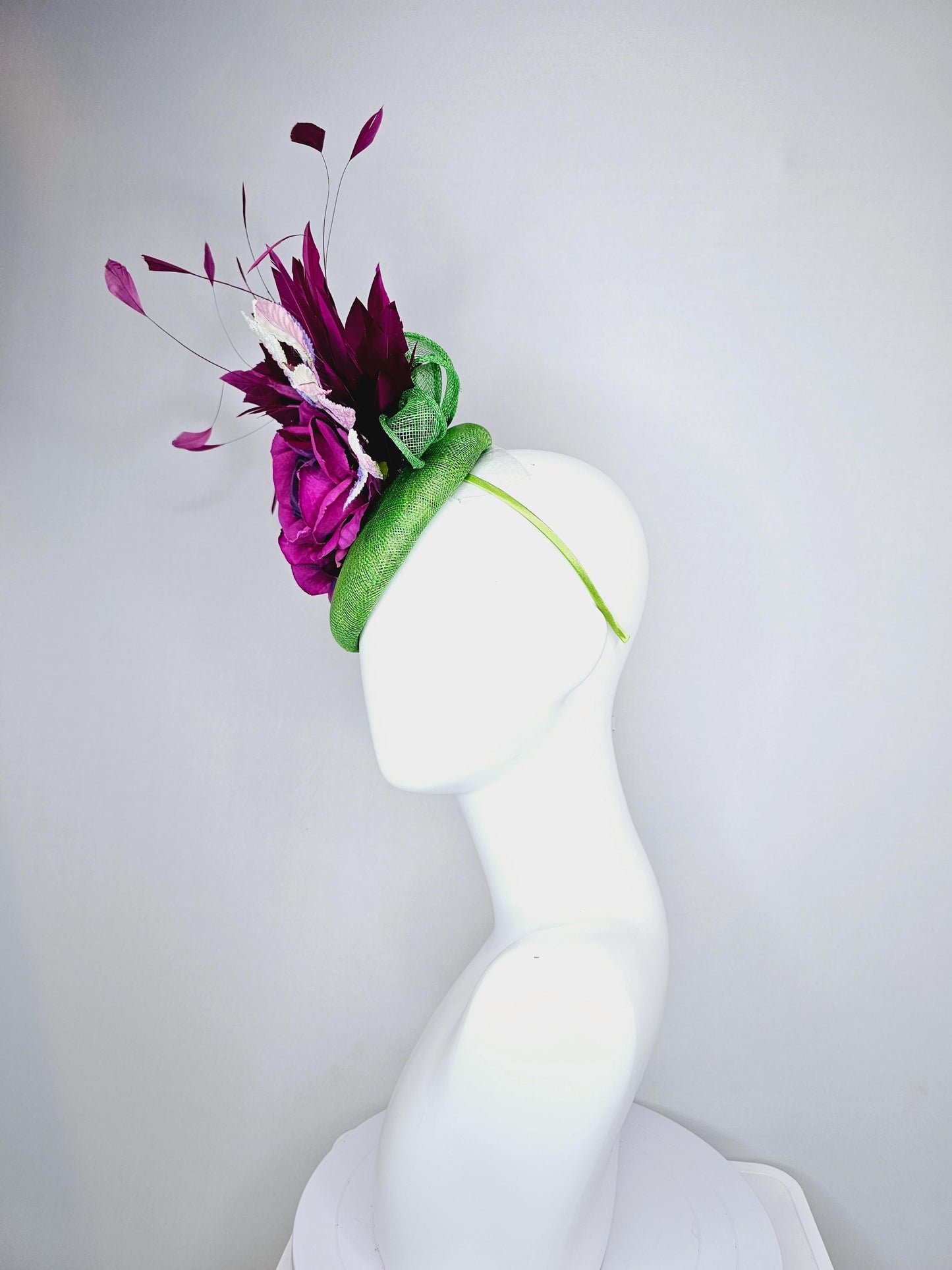 kentucky derby hat fascinator lime green sinamay with magenta purple satin rose flowers,light pink leaves,magenta purple branching feathers