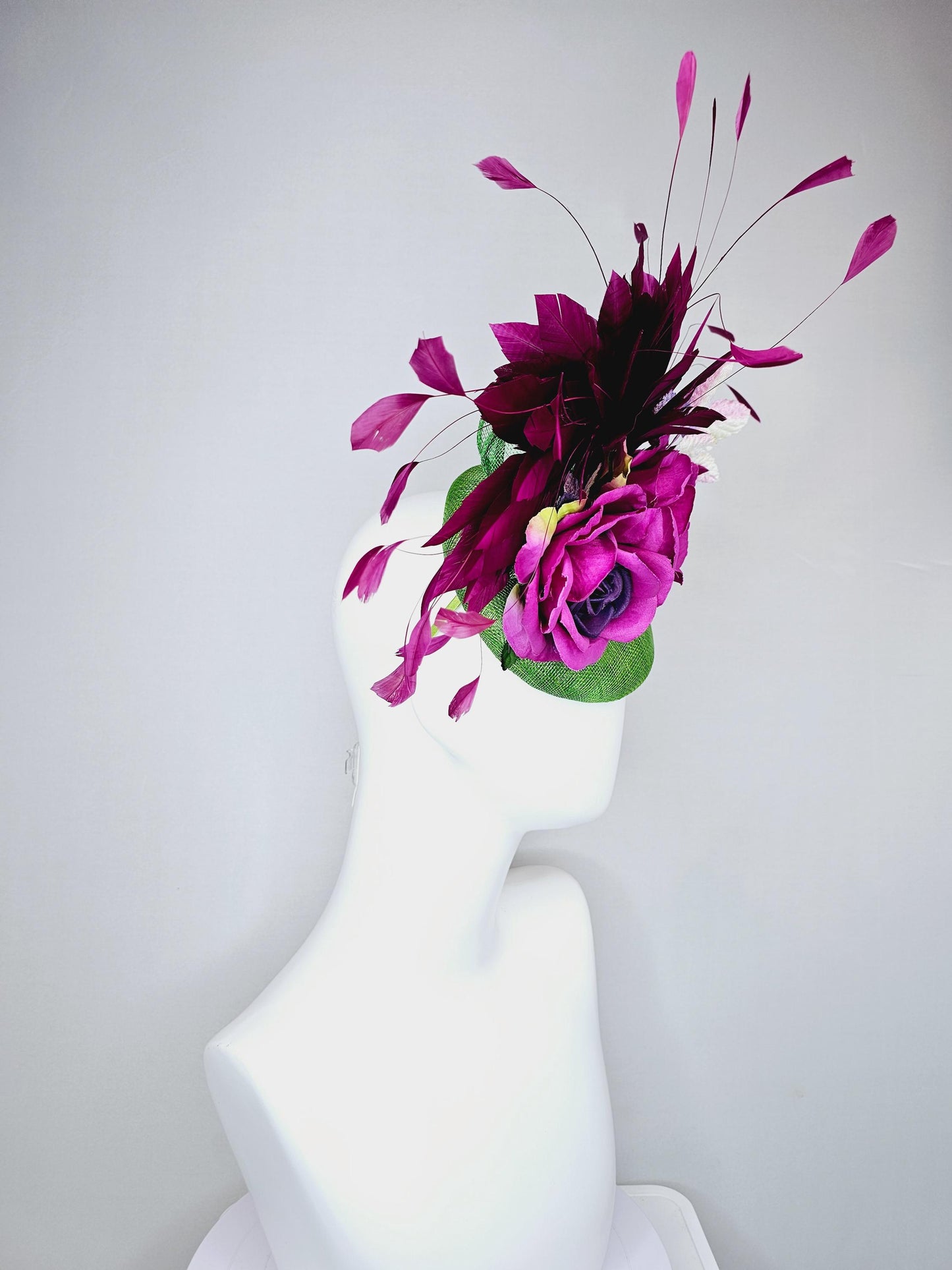 kentucky derby hat fascinator lime green sinamay with magenta purple satin rose flowers,light pink leaves,magenta purple branching feathers